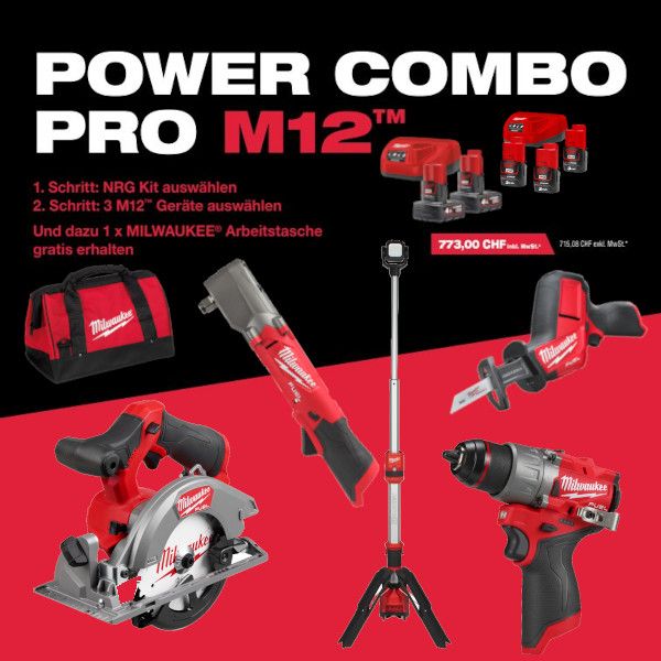 M12™ Milwaukee Power Combo Pro: Energieset, Arbeitstasche und 3 Geräte nach Wahl