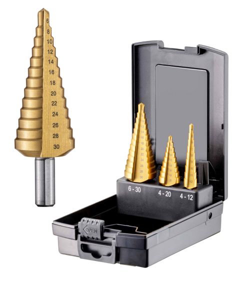 Stufenbohrer Satz 3-tlg. HSS-G-TiN mit Kreuzanschliff und 3-kant Schaft (Fortec Basic Line)
