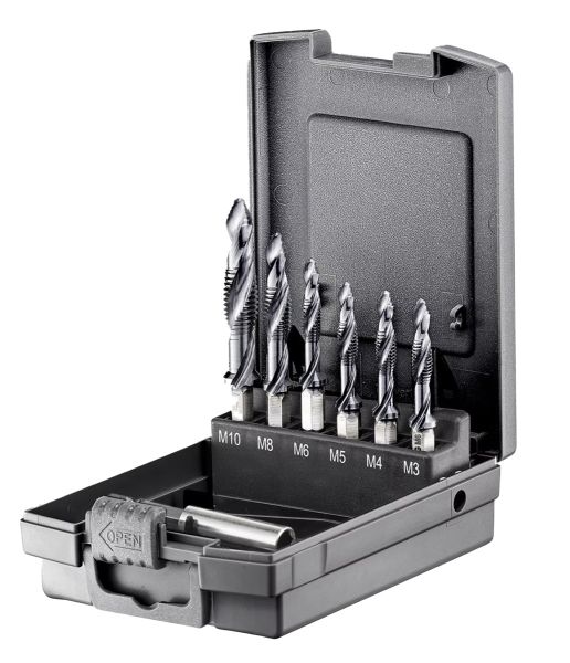 fortec® Premium Line Kombi-Gewindebohrer Sortiment HSS-G, mit TiAlN-Stufenspitze / Ø 7-tlg. M3 - M1