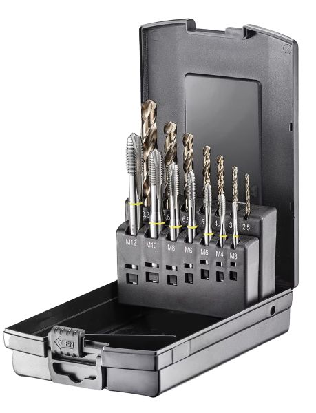 fortec® Premium Line Maschinengewindebohrer Sortiment HSSE-Co5, Gelbring, DIN 371/376 Form B mit UNI