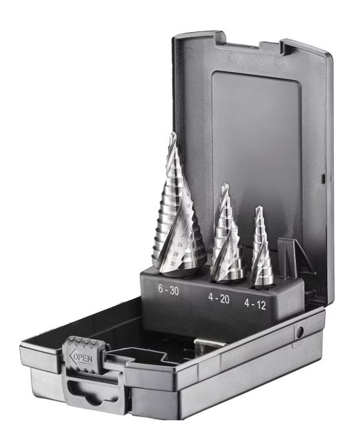 fortec® Premium Line Stufenbohrer Sortiment, HSS-G, Spiralnut mit Kreuzanschliff und 3-Flächenschaft