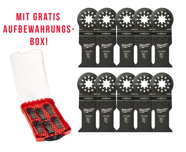 10er Pack + Multitool Zubehörbox Multitool Starlock Tauchsägeblatt für Schnitte in Holz 35 x 42 mm (