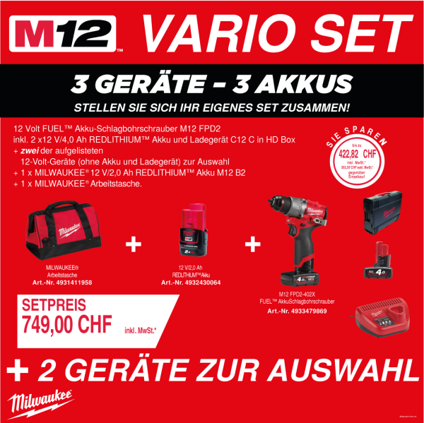 Milwaukee Vario Set M12 - 3 Geräte - 3 Akkus