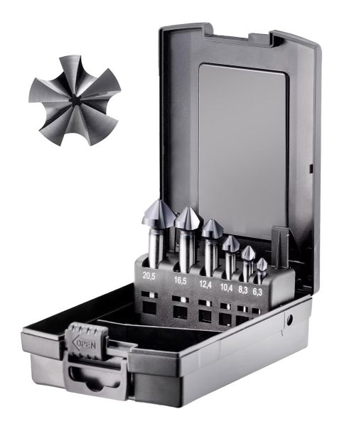 fortec® Premium Line Kegel- und Entgratsenker "5 Cutter" Sortiment HSSE-Co5 TiAlN, U-Nut, DIN 335C,