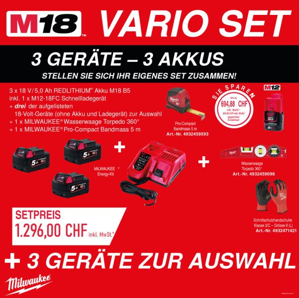 Milwaukee Vario Set M18 - 3 Geräte - 3 Akkus